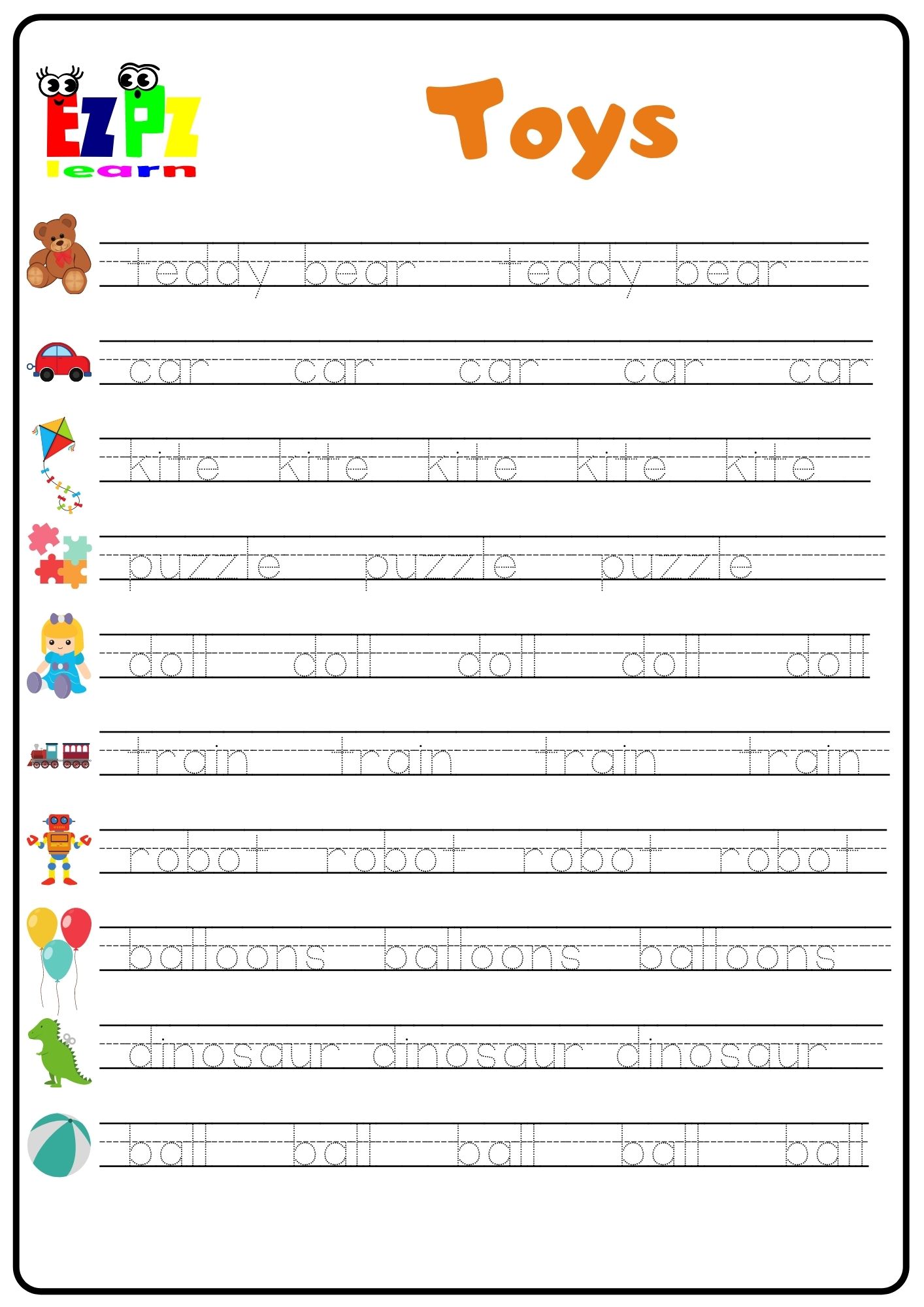 Toys Word Tracing Worksheet